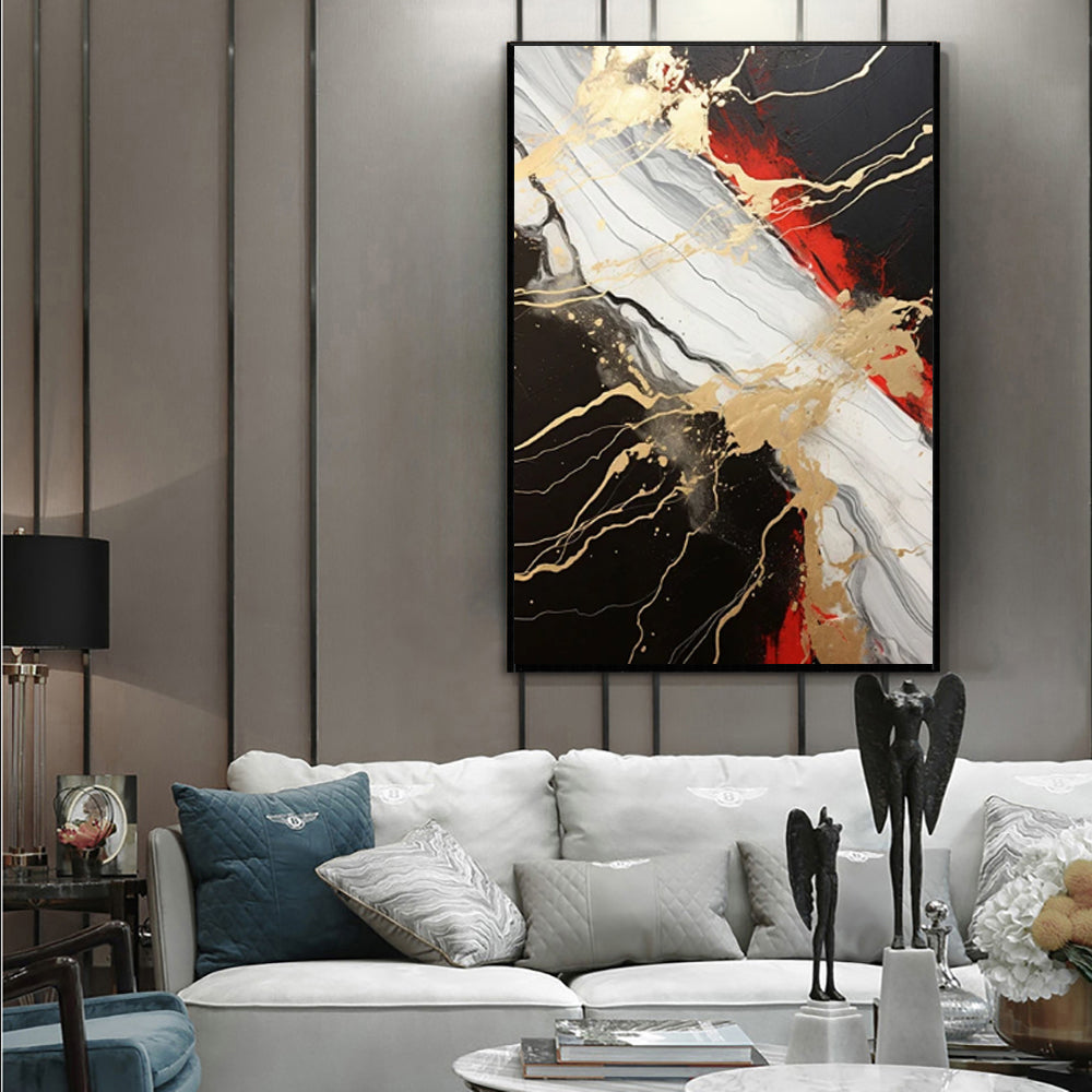 Vintage Gold Black Red Abstract Handmade Oil Painting Wall Art