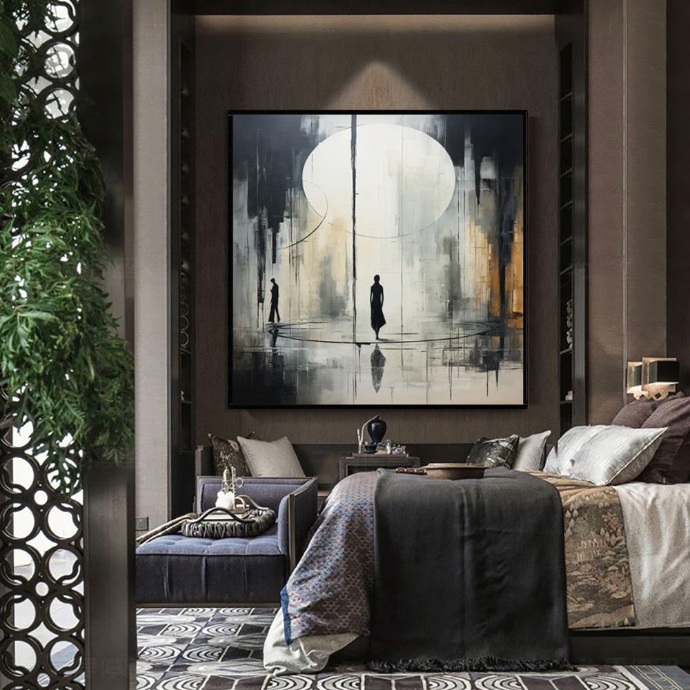 Neoclassical Black & White Oil Painting — Original Handmade Wall Art for Living Room & Bedroom